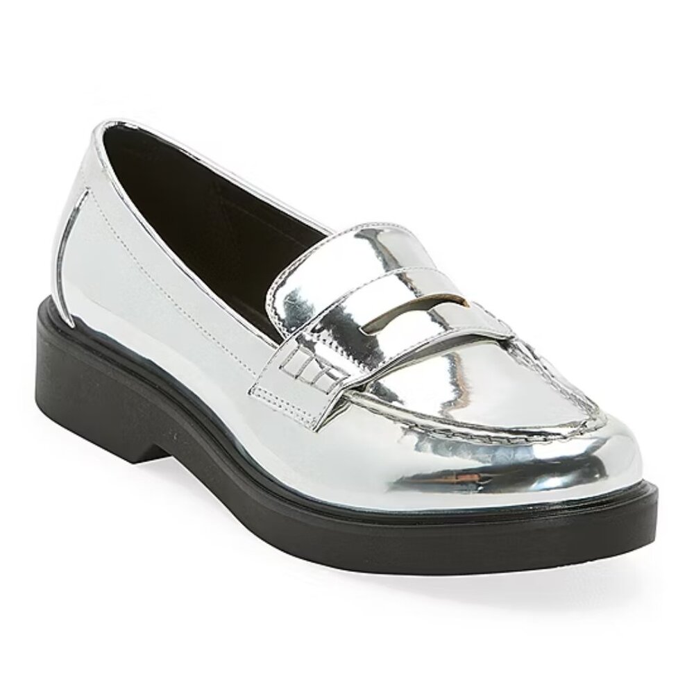 Penny Loafers 8 8.5 M Silver Faux-Leather Platform Slip On Shoes Ellen Flats NIB